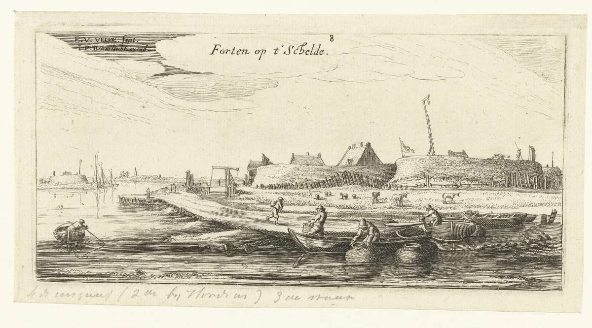 Roeiboten met vissers voor een fort aan de Schelde by anonymous, print, 1615-1652