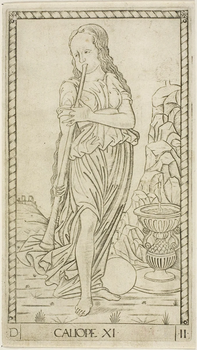 Calliope, plate eleven from Apollo and the Muses by Master of the E-Series Tarocchi, print, 1460-1470