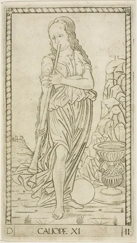 Calliope, plate eleven from Apollo and the Muses by Master of the E-Series Tarocchi, print, 1460-1470