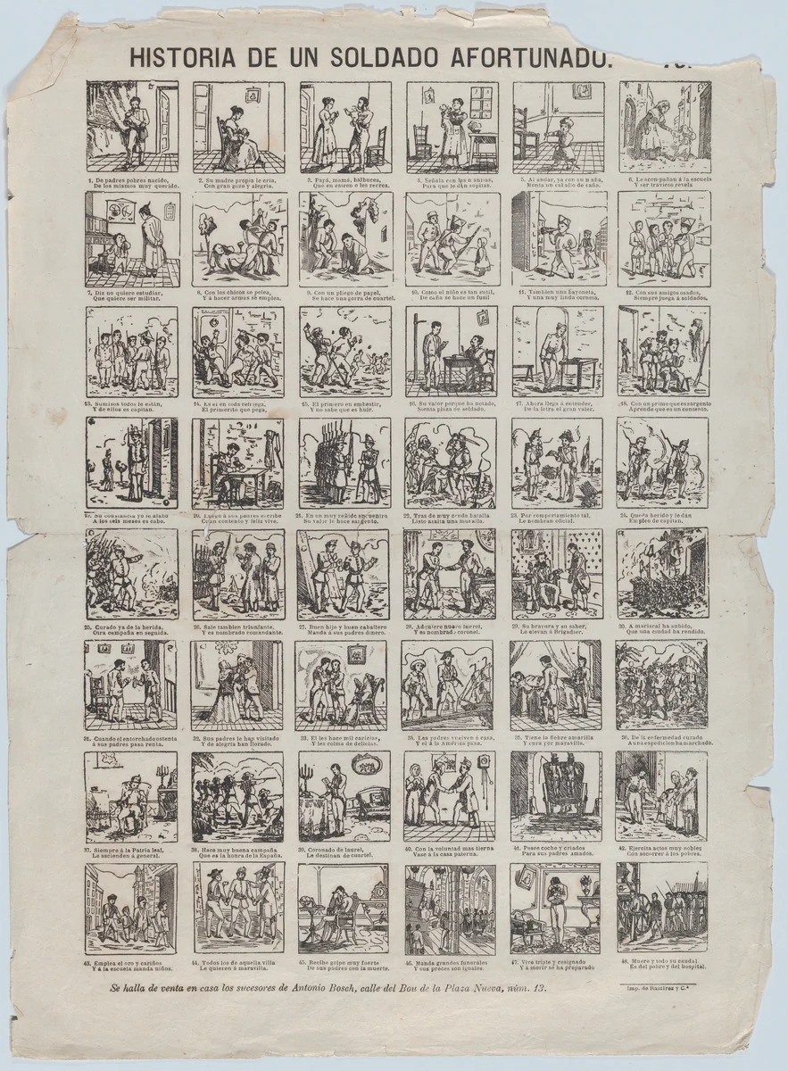 Broadside with 48 scenes relating to the life of the lucky soldier by Antonio Bosch, print, 1855-1865