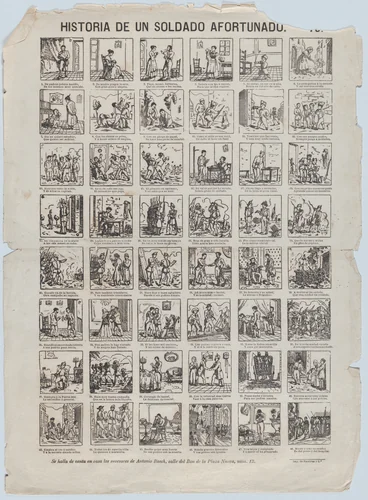 Broadside with 48 scenes relating to the life of the lucky soldier by Antonio Bosch, print, 1855-1865