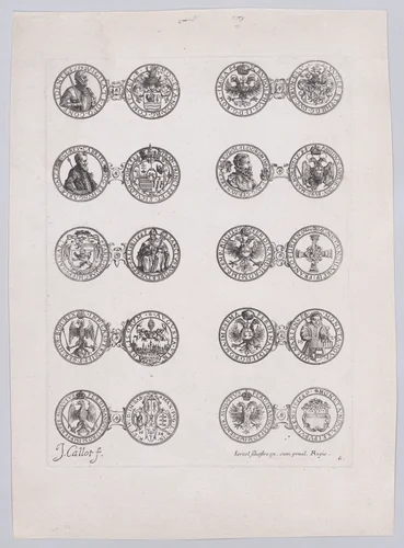 6th Plate, Featuring 10 Coins Issued by European Princes in the 16th and 17th centuries, from Les Monnaies (The Currencies) by Jacques Callot, print, 1625-1635