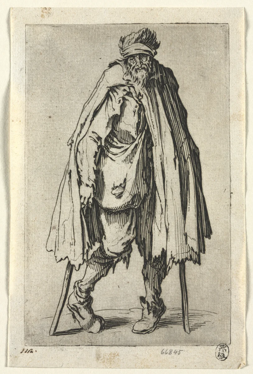 The Beggars: Beggar on Crutches with a Bag by Jacques Callot, print, 1619-1627