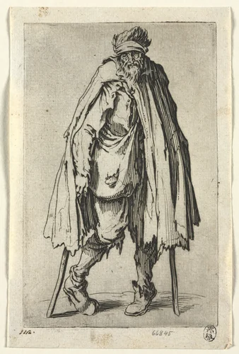 The Beggars: Beggar on Crutches with a Bag by Jacques Callot, print, 1619-1627