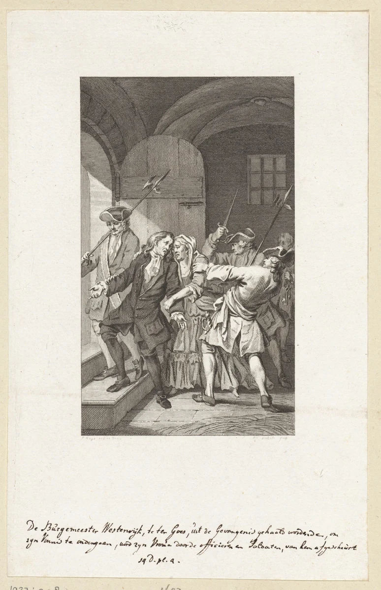 Burgemeester Westerwijk te ter Goes uit de gevangenis gehaald 1692. pr.dr. v.a.l. by Reinier Vinkeles, print, 1751-1816