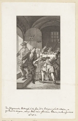 Burgemeester Westerwijk te ter Goes uit de gevangenis gehaald 1692. pr.dr. v.a.l. by Reinier Vinkeles, print, 1751-1816