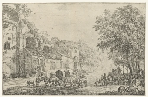 Toegangsweg van een stad by Simon de Vlieger, print, 1610-1653