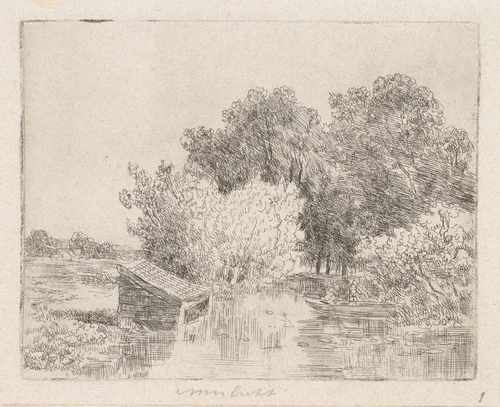 Boothuis aan een rivier by anonymous, print, 1830-1882