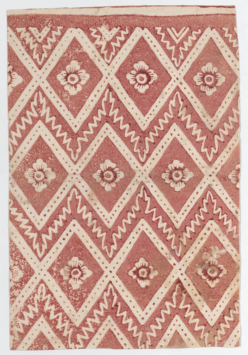 Sheet with red diamond and zigzag pattern by anonymous, print, 1700-1800