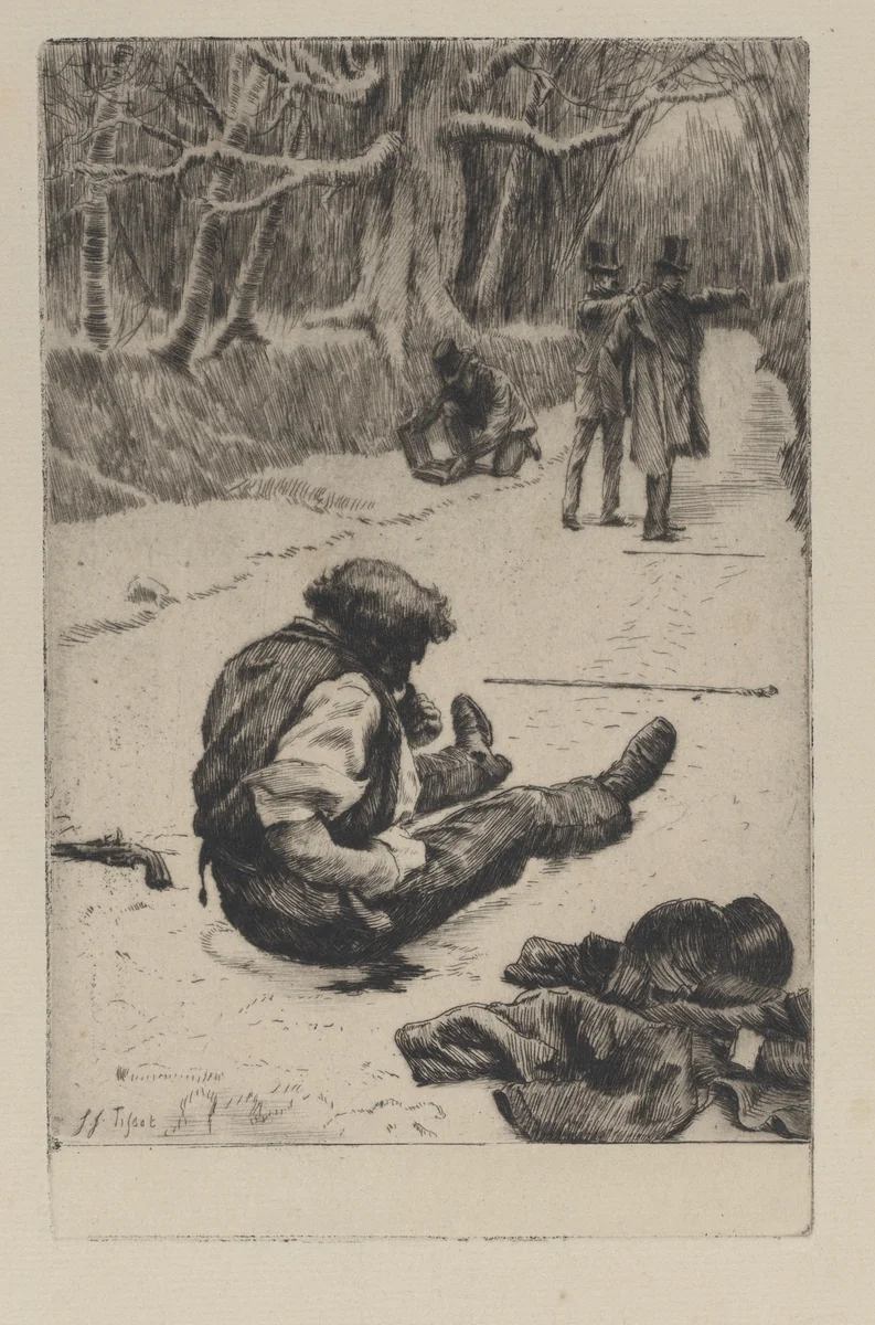 Renée Mauperin: Henri Mauperin Wounded after the Duel with Boisjorand de Villacourt by James Tissot, print, 1800-1899