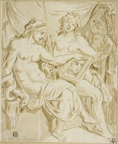 Prudence and Justice by Marten van Heemskerck, drawing, 1650-1799