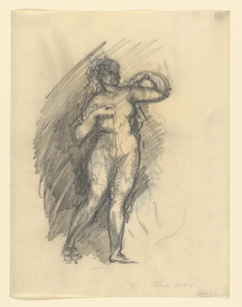 Naakte vrouw met half opgeheven armen, naar rechts by Charles Conder, drawing, 1878-1909