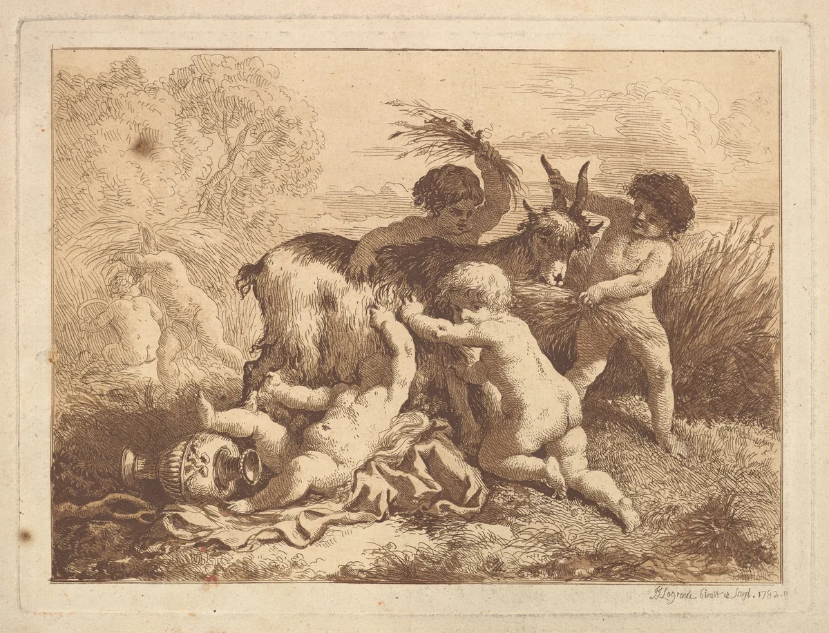 Les petits moissonneurs et la chevre (The Young Harvesters and the Goat), in an album containing Recueil de Compositions par Lagrenée Le Jeune (Collection of Compositions by Lagrenée the Younger) by Jean Jacques Lagrenée, print, 1782