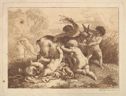 Les petits moissonneurs et la chevre (The Young Harvesters and the Goat), in an album containing Recueil de Compositions par Lagrenée Le Jeune (Collection of Compositions by Lagrenée the Younger) by Jean Jacques Lagrenée, print, 1782