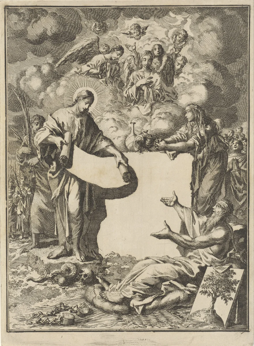 Christus opent een boekrol voor de personificatie van Berouw en de Mensheid by Jan Luyken, print, 1712
