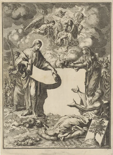 Christus opent een boekrol voor de personificatie van Berouw en de Mensheid by Jan Luyken, print, 1712
