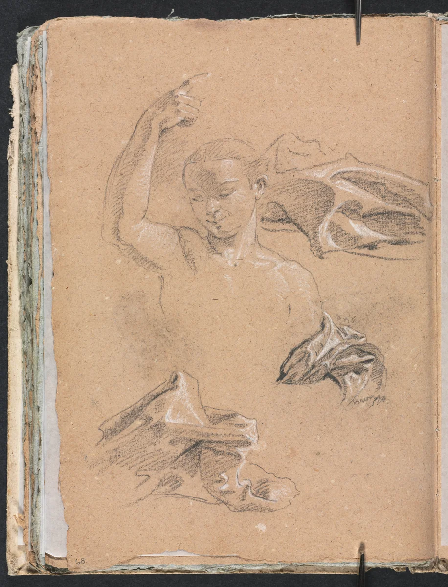 Verona Sketchbook: Figure with upraised right arm and drapery studies (page 68) by Francesco Lorenzi, book, 1760