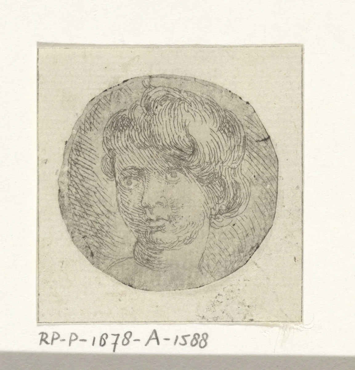 Medaillon met kinderhoofd met kort krullend haar by Peeter Snijers, print, 1694-1752