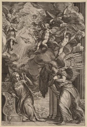 The Annunciation by Cornelis Cort, print, 1566