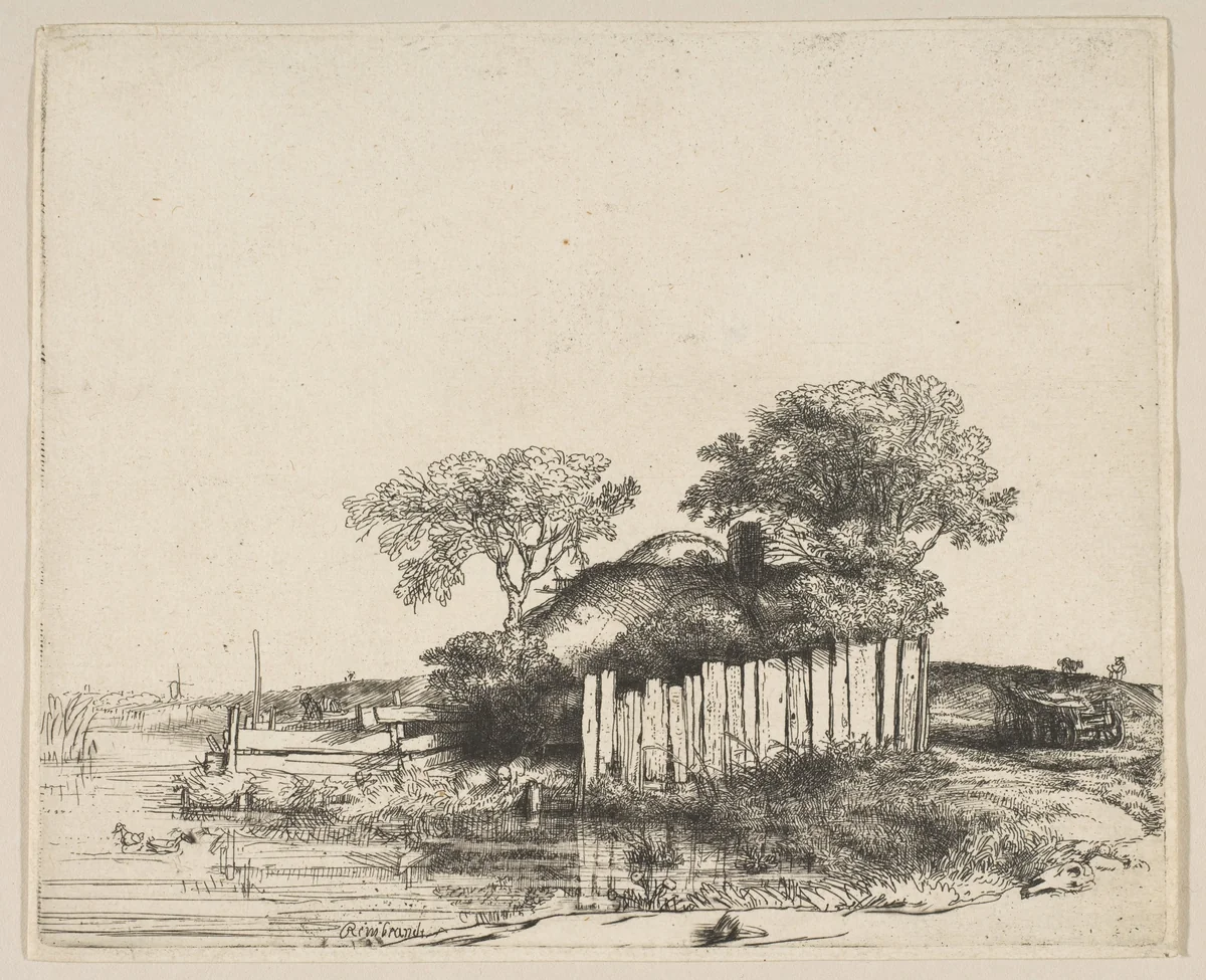 Cottage with a White Paling by Rembrandt van Rijn, print, 1648