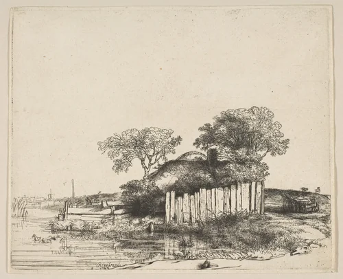 Cottage with a White Paling by Rembrandt van Rijn, print, 1648