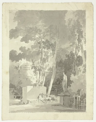 View of the Park at Versailles: Two Figures on a Bench in a Clearing, Female Statue Nearby by Pierre Antoine Mongin, drawing, 1781-1827