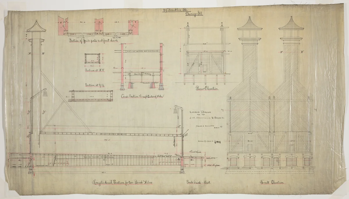 J.M. Brunswick and Balke Company Lumber Dryer, Chicago, Illinois, Elevation and Section by Adler & Sullivan, drawing, 1880-1885