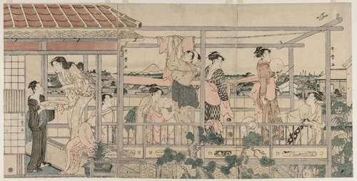 Women Hanging Laundry to Dry on a Balcony by Kitagawa Utamaro (喜多川歌麿), print, 1790-1794
