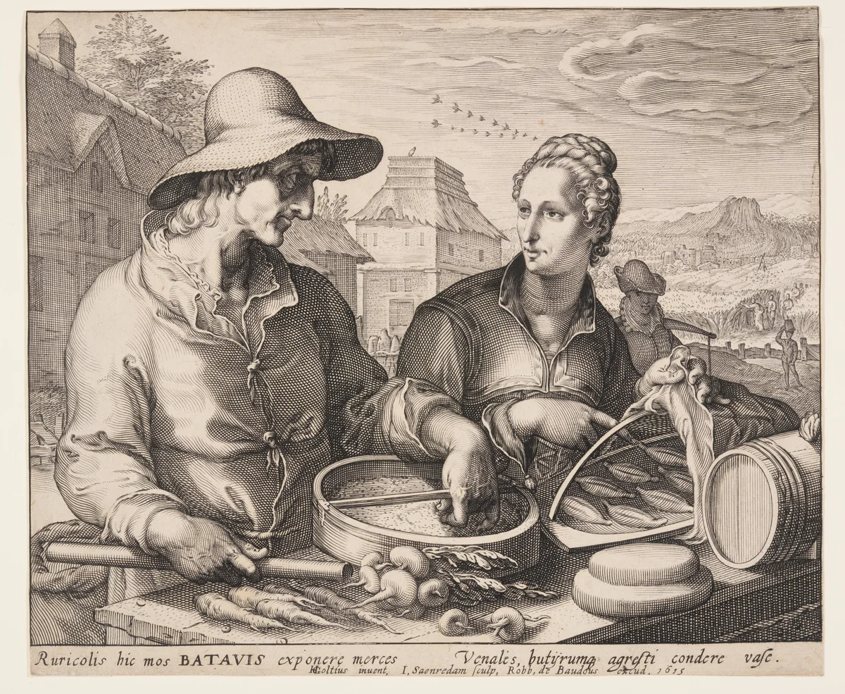 Farmer and His Wife at Market by Jan Saenredam, print, 1615