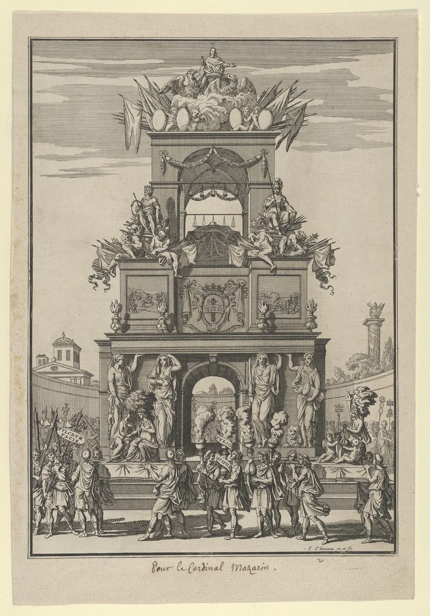 Triumphal arch erected in honor of Cardinal Mazarin after the Treaty of the Pyrenees by François Chauveau, print, 1659-1669