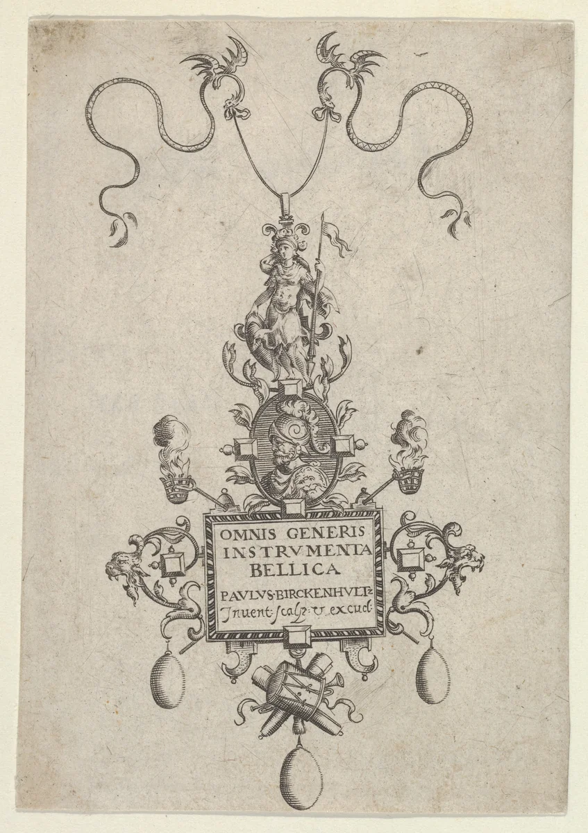 Title Page with Design for a Pendant, from "Omnis Generis Instrumenta Bellica" by Paul Birckenhultz, print, 1595-1605