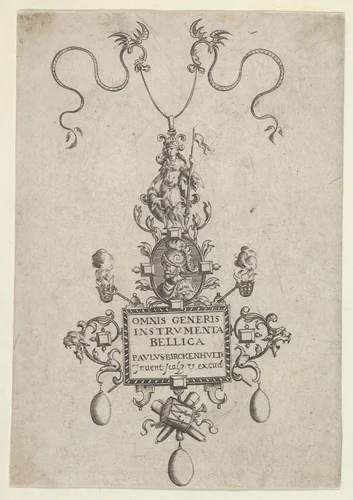 Title Page with Design for a Pendant, from "Omnis Generis Instrumenta Bellica" by Paul Birckenhultz, print, 1595-1605