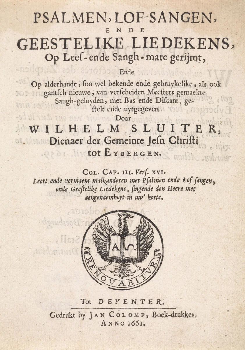 Titelpagina voor: Willem Sluiter, Psalmen, lof-sangen, ende geestelike liedekens, 1661 by Jochem van Stegeren, print, 1661