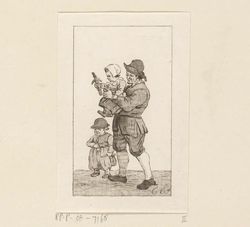 Vader met twee kinderen by Pieter de Mare, print, 1779