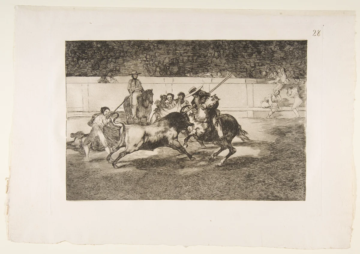 Plate 28 of "La Tauromaquia": The forceful Rendon stabs a bull with the pique, from which pass he died in the ring at Madrid by Goya, print, 1816