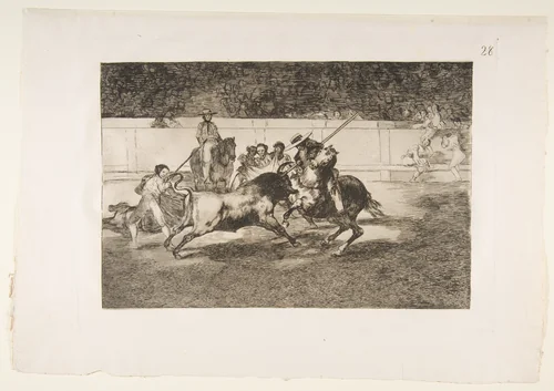 Plate 28 of "La Tauromaquia": The forceful Rendon stabs a bull with the pique, from which pass he died in the ring at Madrid by Goya, print, 1816