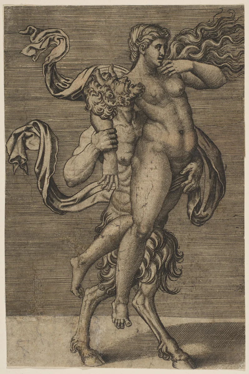 Satyr carrying a nymph restraining her right arm by Marco Dente, print, 1510-1532