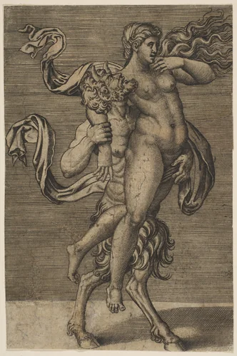 Satyr carrying a nymph restraining her right arm by Marco Dente, print, 1510-1532