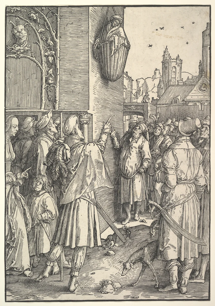 The Poet Virgil in a Basket by Lucas van Leyden, print, 1512