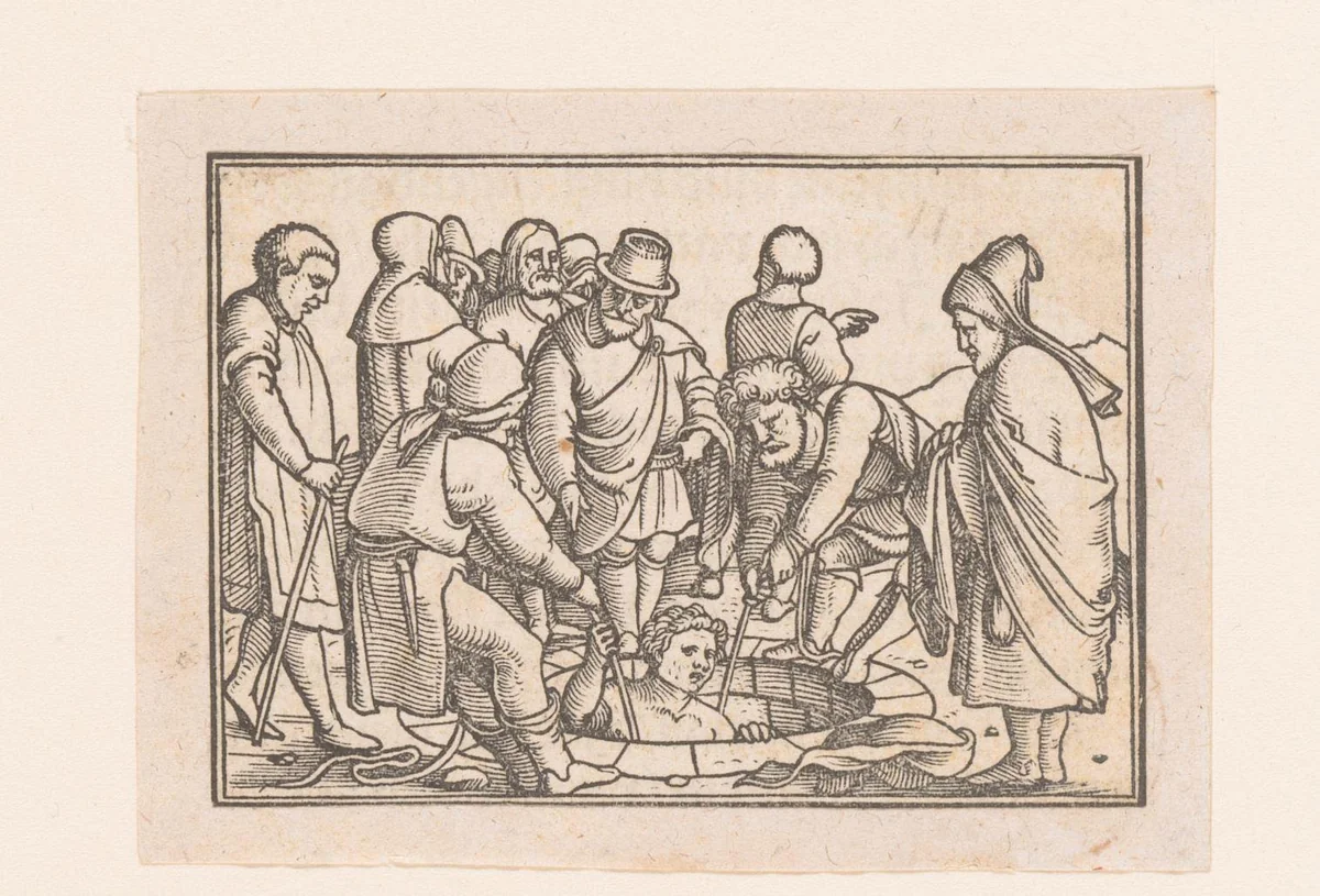Jozef wordt door zijn broers uit put getrokken by anonymous, print, 1552