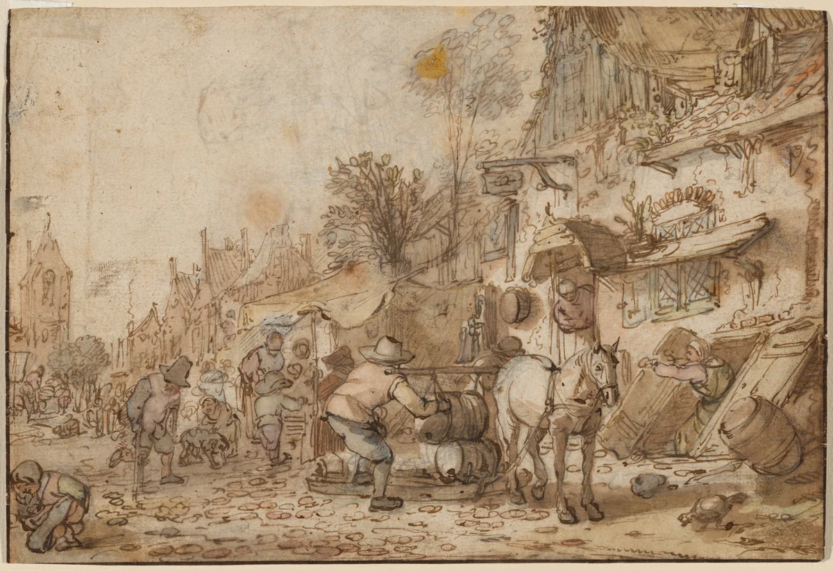 Workmen before an Inn by Isack van Ostade, drawing, 1640-1650