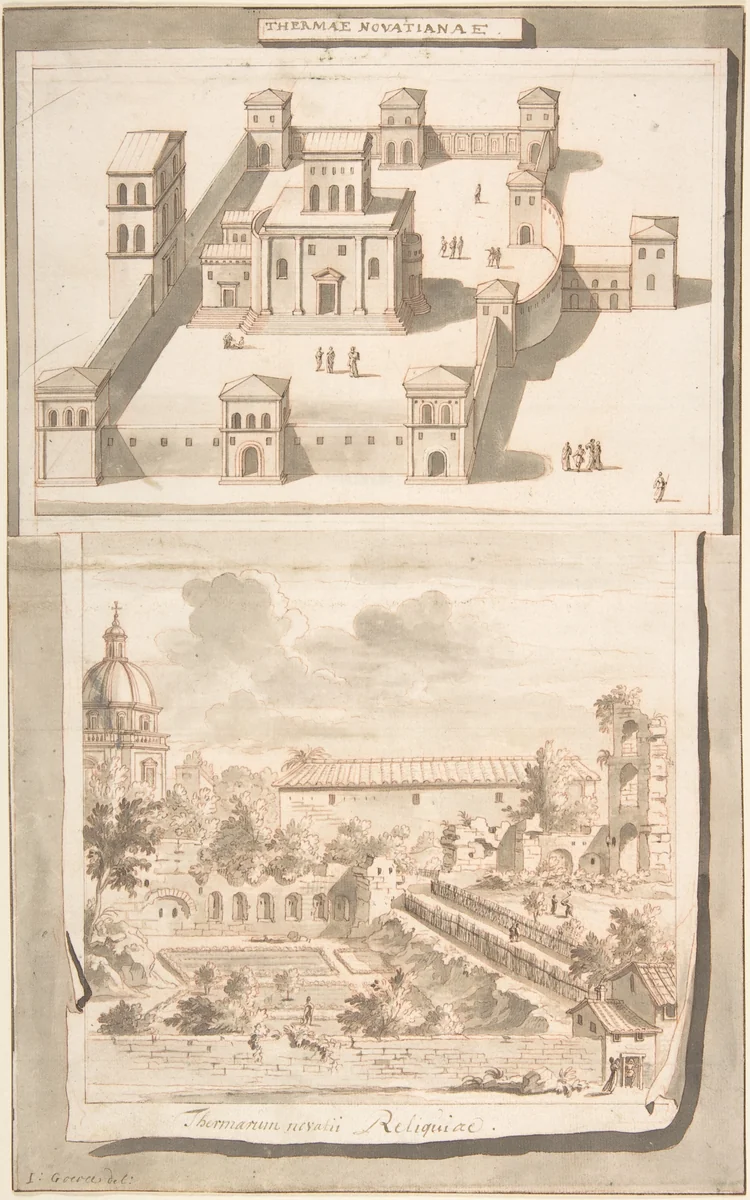 A Reconstruction of the Thermae of Novitian (above) and a View of the Ruins (below) by Jan Goeree, drawing, 1690-1704