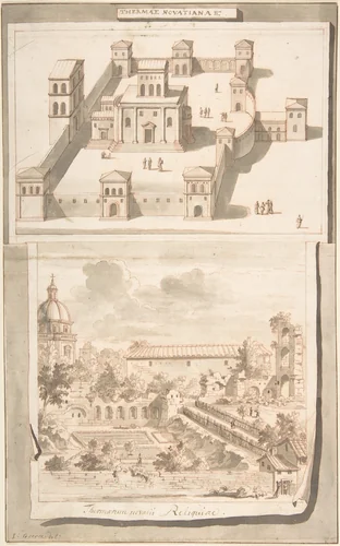 A Reconstruction of the Thermae of Novitian (above) and a View of the Ruins (below) by Jan Goeree, drawing, 1690-1704
