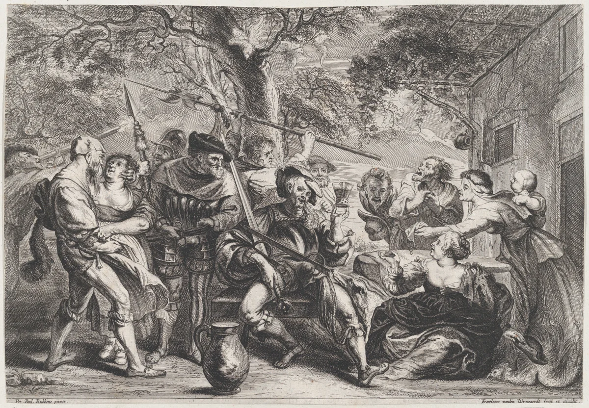 Soldiers and peasants, sitting and fighting near a table by Frans van den Wyngaerde, print, 1630-1679