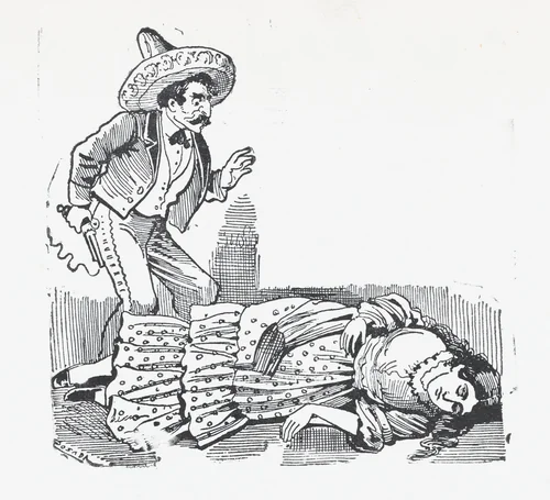 A man with a gun standing over a woman he has just shot by José Guadalupe Posada, print, 1875-1885
