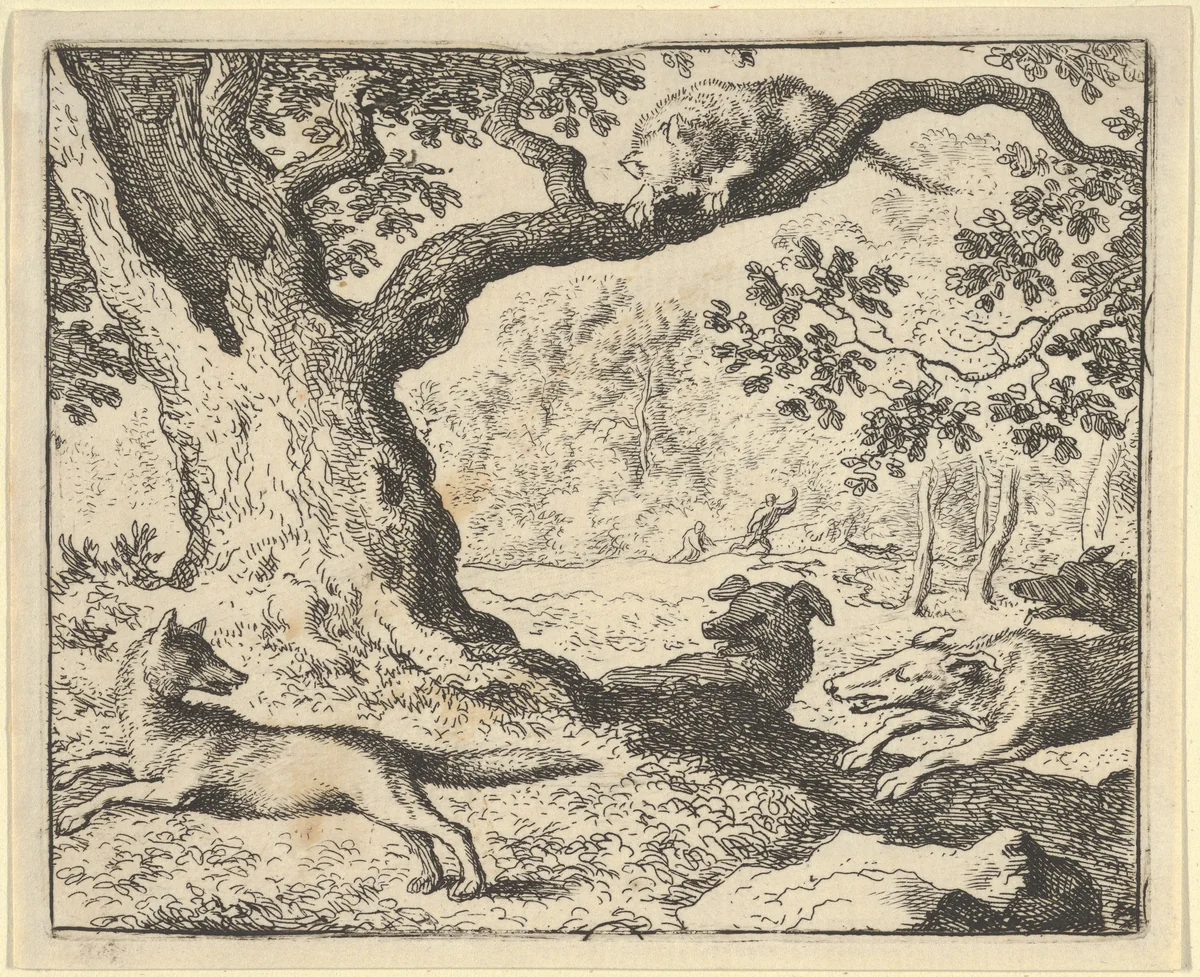 Following Renard's False Story, His Father Is Chased by Hunting Dogs from Hendrick van Alcmar's Renard The Fox by Allart van Everdingen, print, 1650-1675
