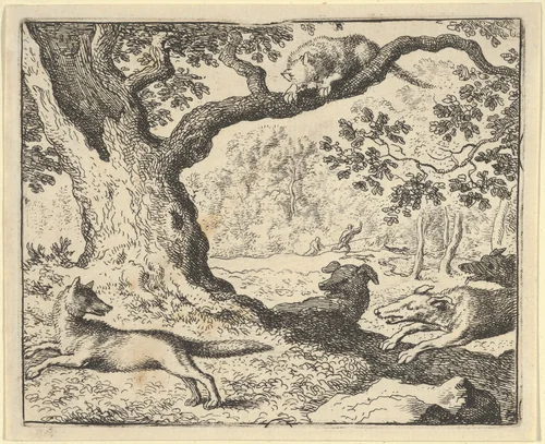Following Renard's False Story, His Father Is Chased by Hunting Dogs from Hendrick van Alcmar's Renard The Fox by Allart van Everdingen, print, 1650-1675