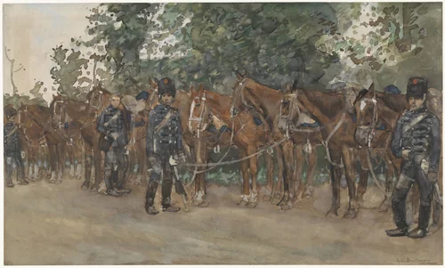 Huzaren staande naast hun paarden langs de kant van de weg by George Hendrik Breitner, drawing, 1867-1923