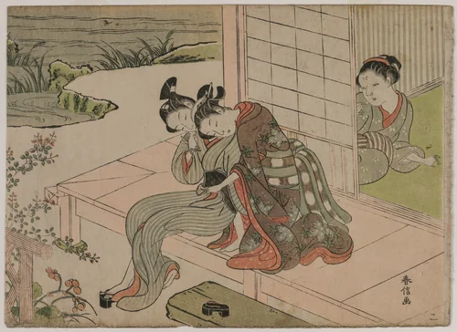 Woman Watching Young Couple Embrace on a Veranda by Suzuki Harunobu (鈴木春信), print, 1767-1769