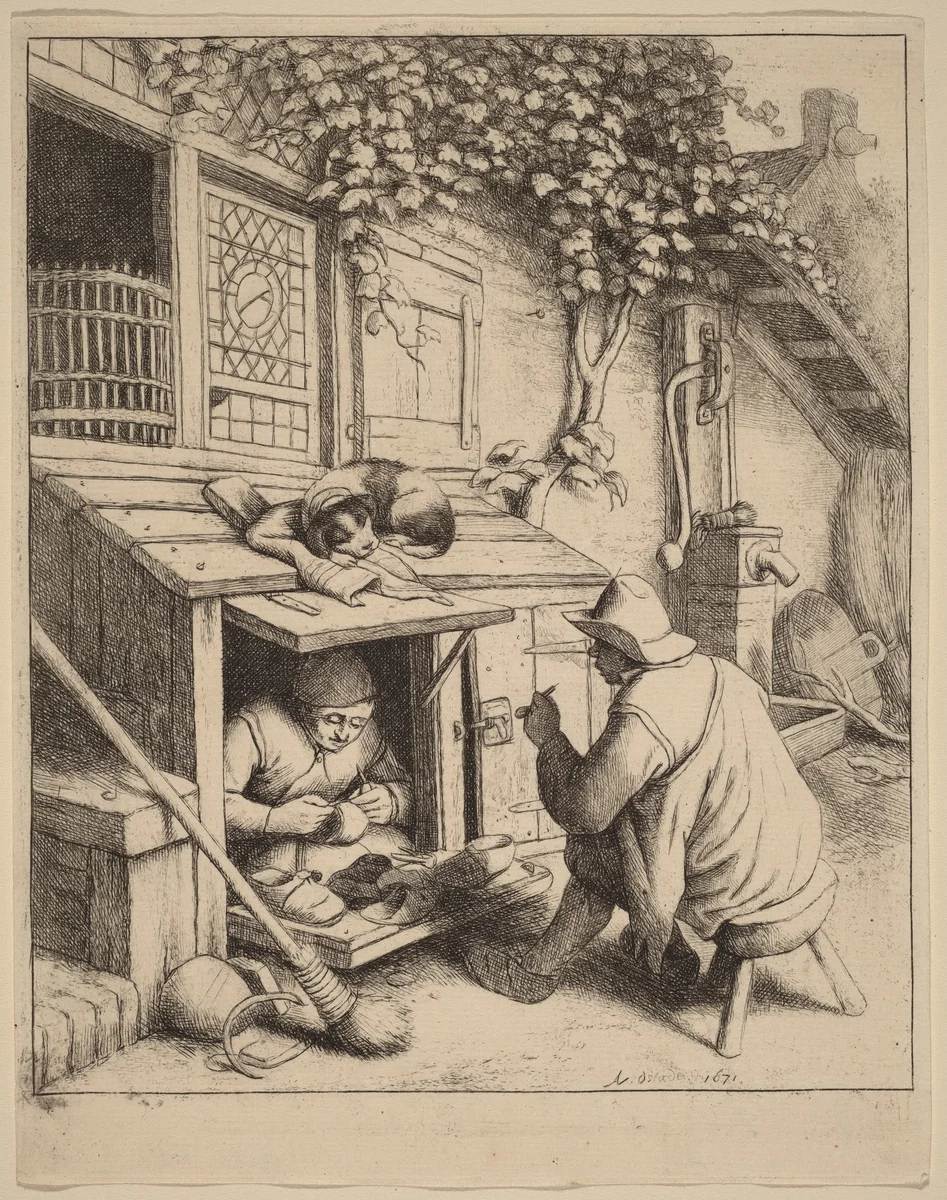 Smoker on a Stool Conversing with a Cobbler at Work by Adriaen van Ostade, print, 1671